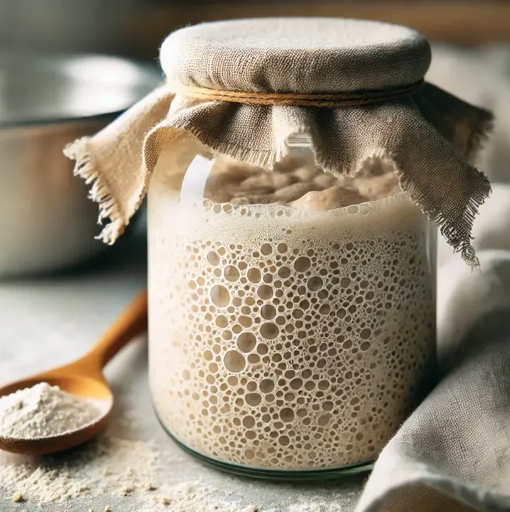 A glass jar with sourdough starter that has doubled in size, showing bubbles.