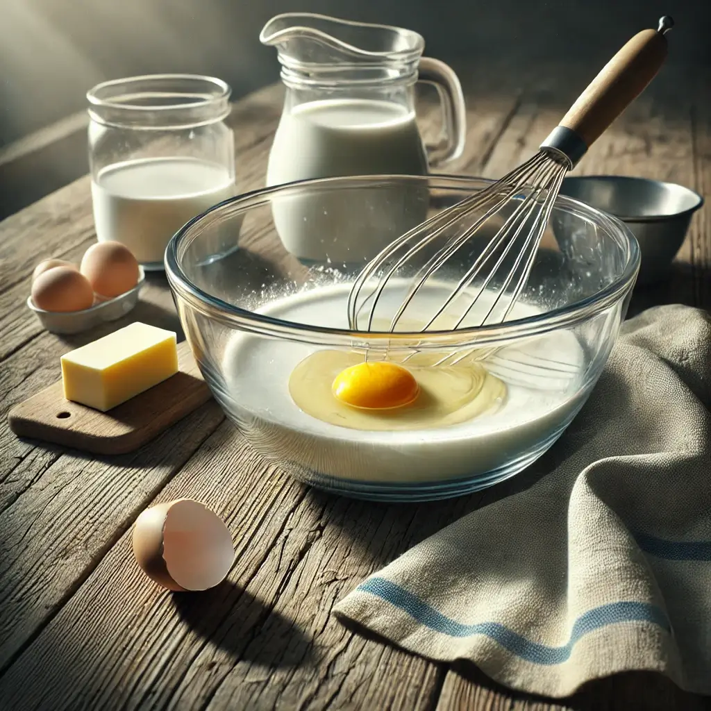 Sourdough discard, milk, egg, and melted butter being mixed in a large bowl for pancake batter.