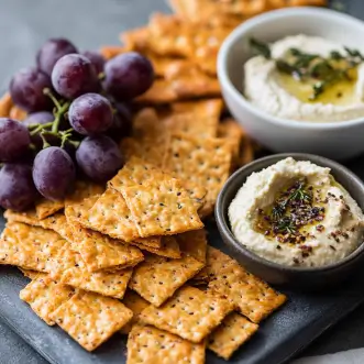 Sourdough discard crackers served with brie, hummus, and fresh grapes on a charcuterie board