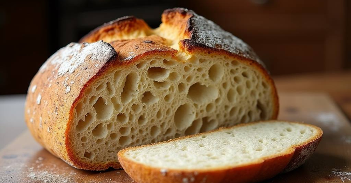 Golden-brown sourdough discard bread loaf with airy crumb, perfect for beginner bakers.