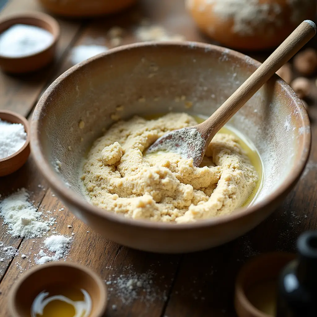 A wooden bowl containing a mixture of flour, olive oil, and water, with a wooden spoon, prepared for sourdough discard bread.