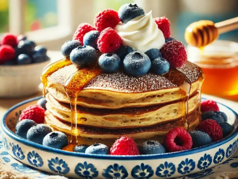 A colorful plate of sourdough discard pancakes folded with fresh blueberries and raspberries, topped with whipped cream and a drizzle of honey. The background features a bright summer kitchen with light streaming through a window.