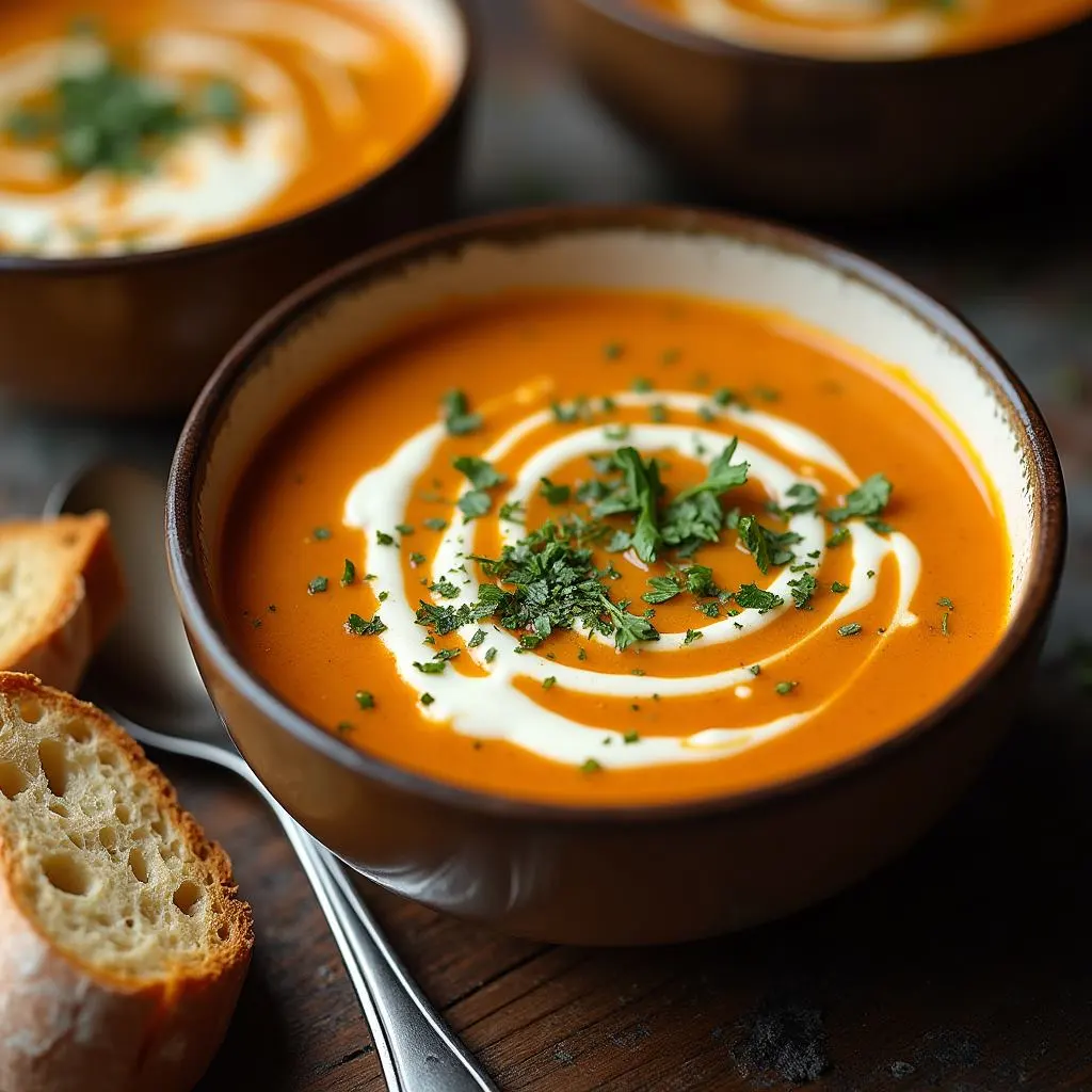 Warm bowl of soup with sourdough bread, a cozy meal featuring homemade soups and fresh bread