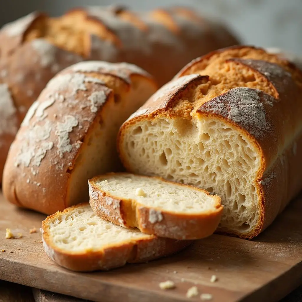 Freshly baked sourdough loaf, pizza, and pastries on a wooden table, showcasing artisan baking recipes