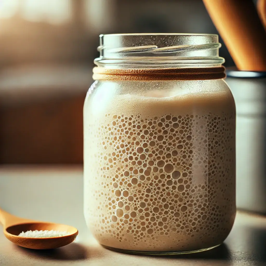 A jar of bubbly sourdough starter on a kitchen counter, next to a wooden spoon with flour