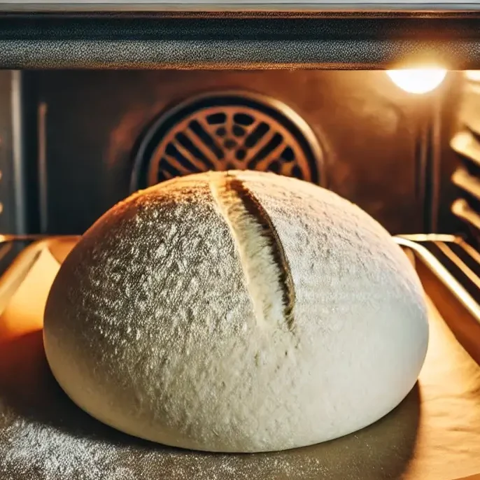 A loaf of sourdough discard bread baking in the oven at 400°F, with a smooth crust just starting to brown