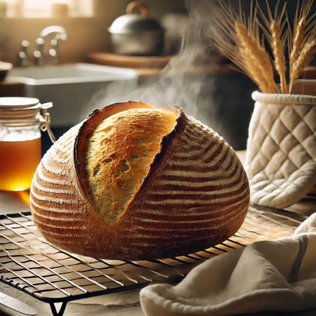 A golden, freshly baked sourdough discard bread loaf resting on a cooling rack with steam rising from the crust