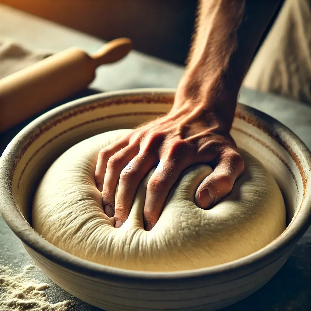 A baker's hand deeply pressing into sourdough discard bread dough in a bowl, releasing air bubbles during the degassing step.