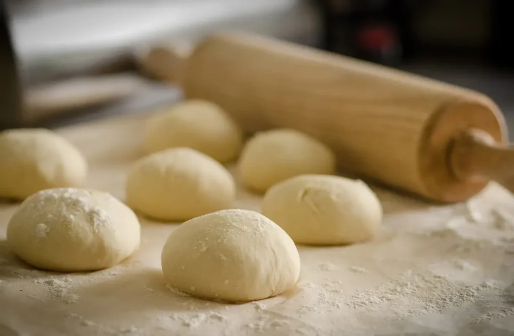 Hands kneading smooth dough on a floured surface, with a rolling pin and extra flour in the background.