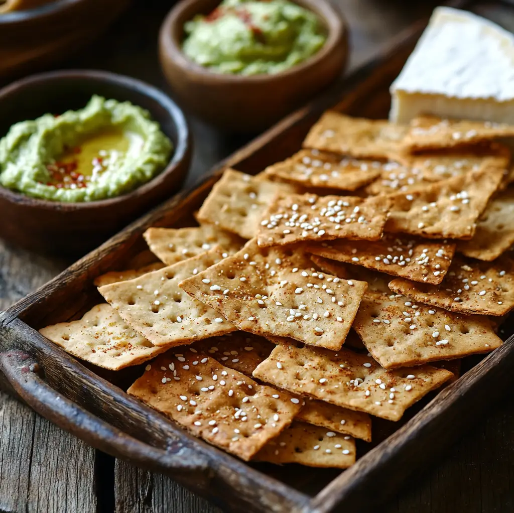 Crispy sourdough discard crackers on a rustic tray with dips