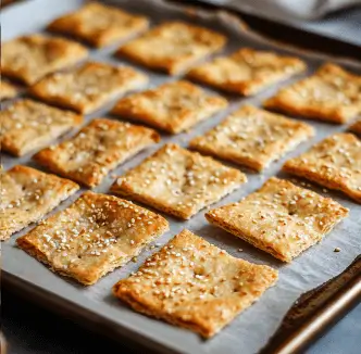 Unbaked sourdough bread crackers arranged on a parchment paper lined baking sheet with sesame toppings