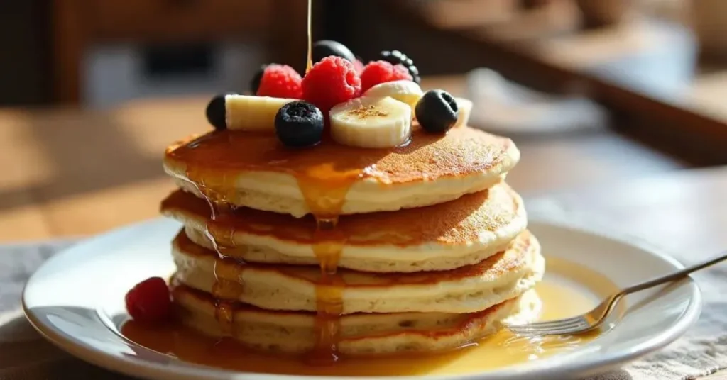 A stack of Perfect sourdough discard pancakes on a white plate, topped with fresh blueberries, strawberries, maple syrup, and melting butter. Warm natural lighting and a softly blurred background create a cozy morning atmosphere.