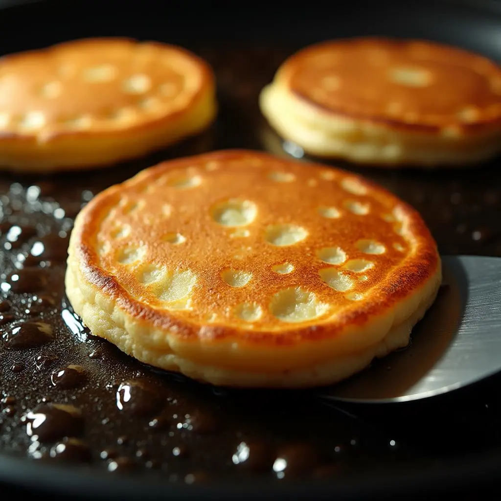 Pancakes made with sourdough discard batter cooking on a skillet with bubbles forming on the surface