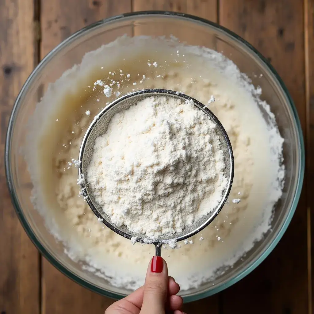 Flour, baking powder, and sugar being folded into wet ingredients with a spatula to make pancake batter.