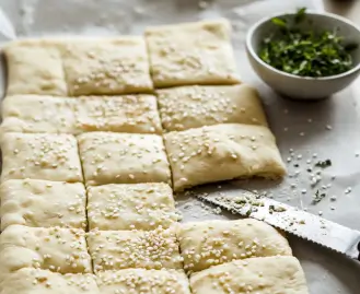 Rolled sourdough dough being sliced into square crackers with a pizza cutter.