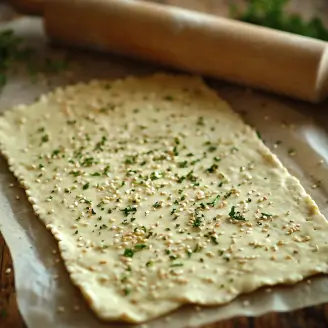 Sourdough cracker dough being rolled out evenly between parchment paper for crisp crackers