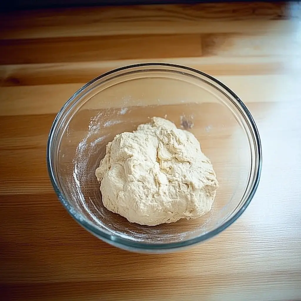 A glass bowl with freshly mixed sourdough focaccia dough on a wooden surface