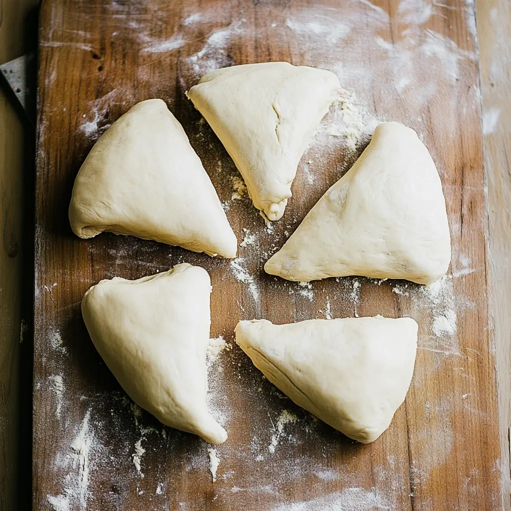 Evenly divided portions of sourdough bagel dough on a wooden surface, lightly dusted with flour.