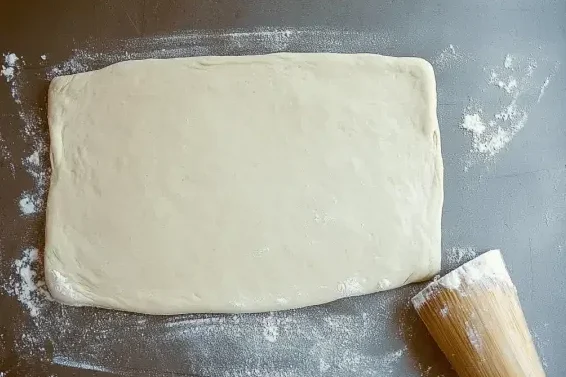 Rolled-out dough on a floured surface with a rolling pin, prepared for sourdough discard cinnamon rolls