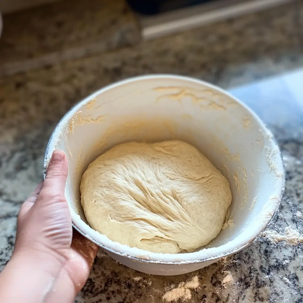 Hands mixing sourdough discard focaccia dough in a ceramic bowl, with ingredients like flour, olive oil, and salt nearby