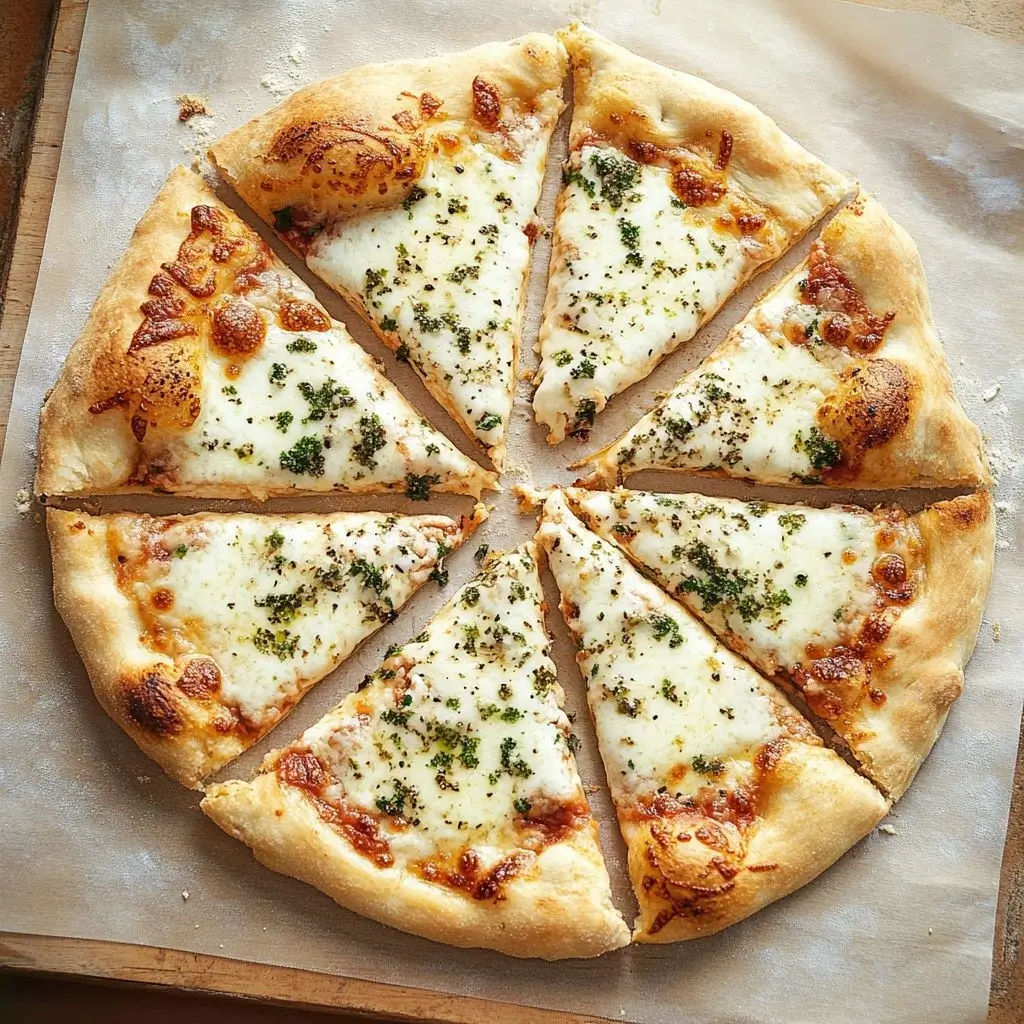 A deliciously golden-brown pizza crust made with sourdough discard pizza dough, topped with melted cheese and herbs