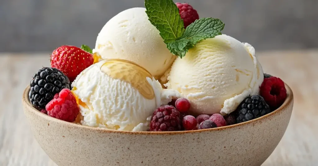 A bowl of creamy cottage cheese ice cream topped with fresh berries and honey drizzle, showcasing a healthy dessert option.