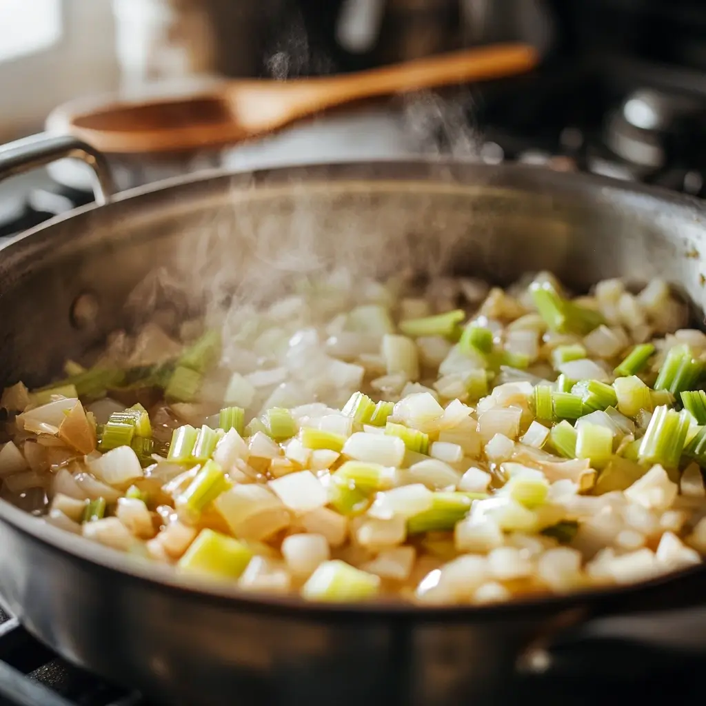 Chopped onions, celery, and garlic sizzling in a pot with olive oil, creating the aromatic base for swamp soup