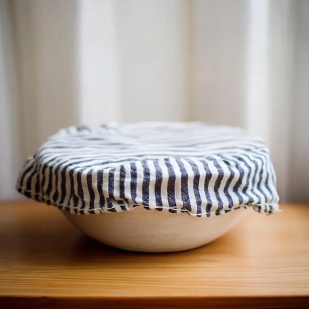 A bowl covered with a striped cloth, allowing sourdough focaccia dough to rest and rise.