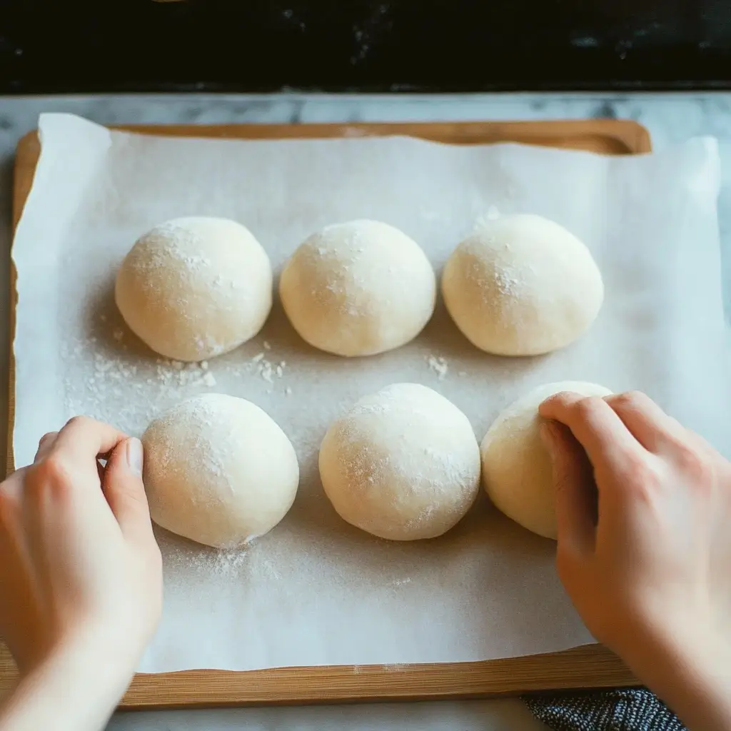 Dough balls for sourdough bagels lined up on a parchment sheet, ready for shaping