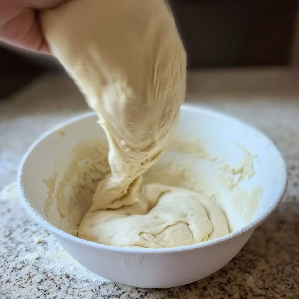 Hands stretching and dimpling sourdough discard focaccia dough in a pan, drizzled with olive oil