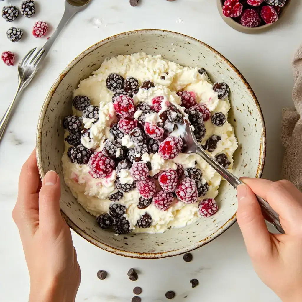 Hands stirring frozen berries and chocolate chips into the creamy cottage cheese ice cream base in a bowl.