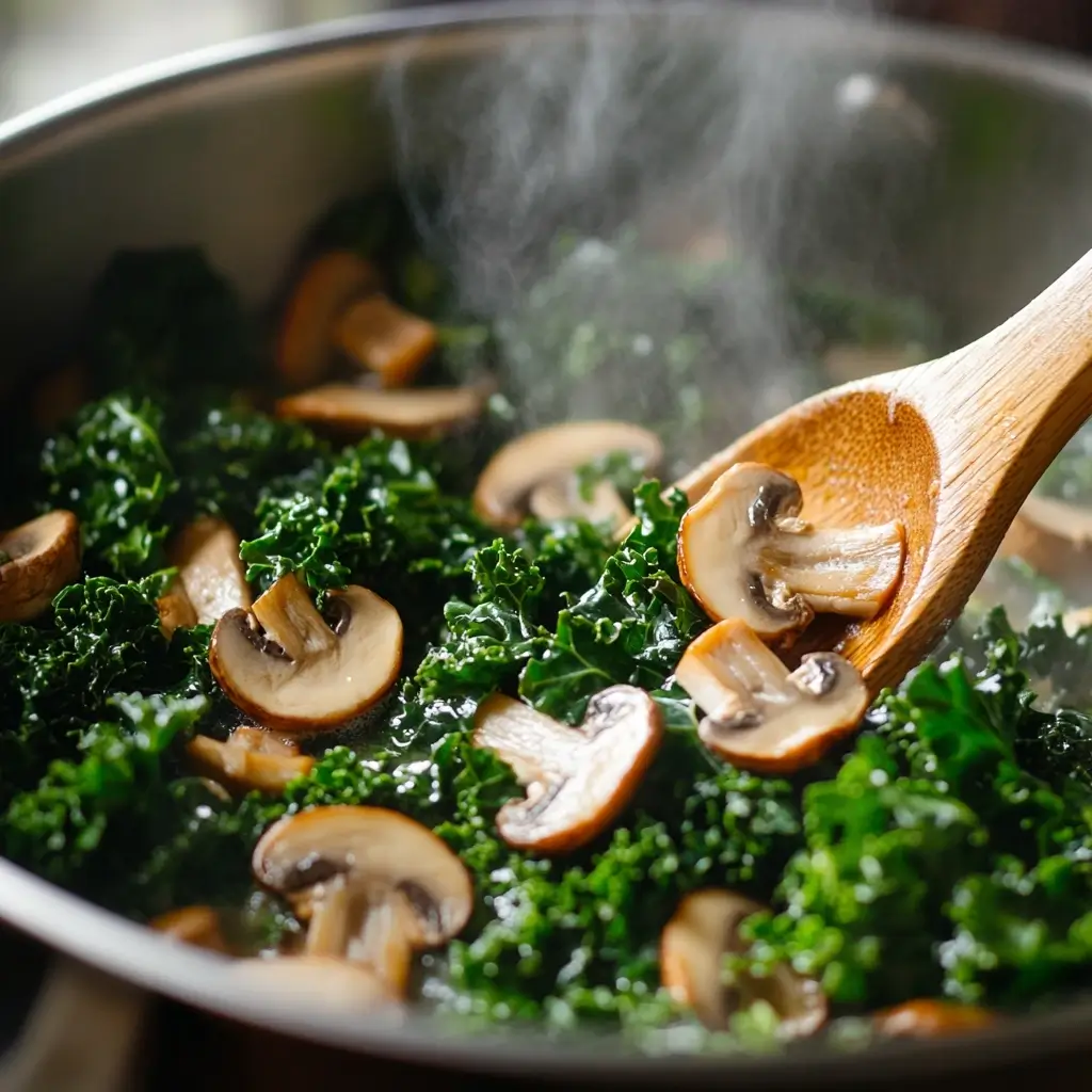 A pot of swamp soup with fresh kale and sliced mushrooms being stirred, highlighting the vibrant greens and earthy tones of the ingredients