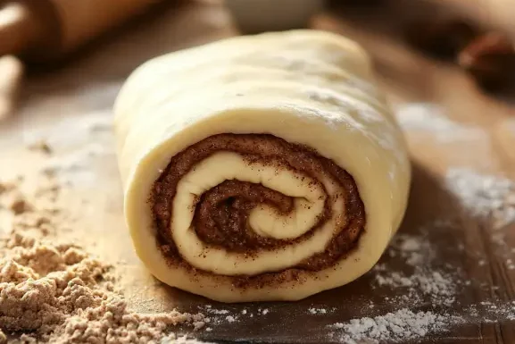 Rolled dough with cinnamon and brown sugar filling, ready to be sliced for sourdough discard cinnamon rolls