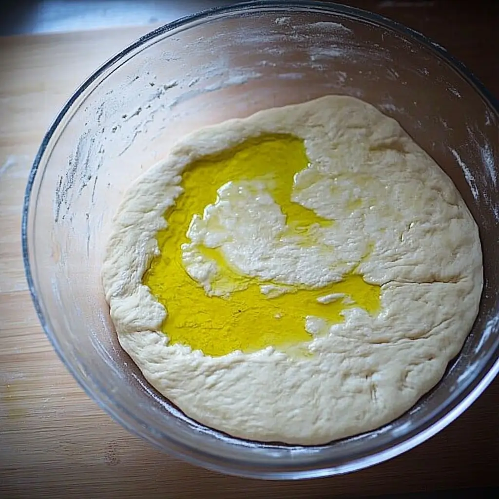 A bowl of sourdough focaccia dough drizzled with olive oil, ready for rising