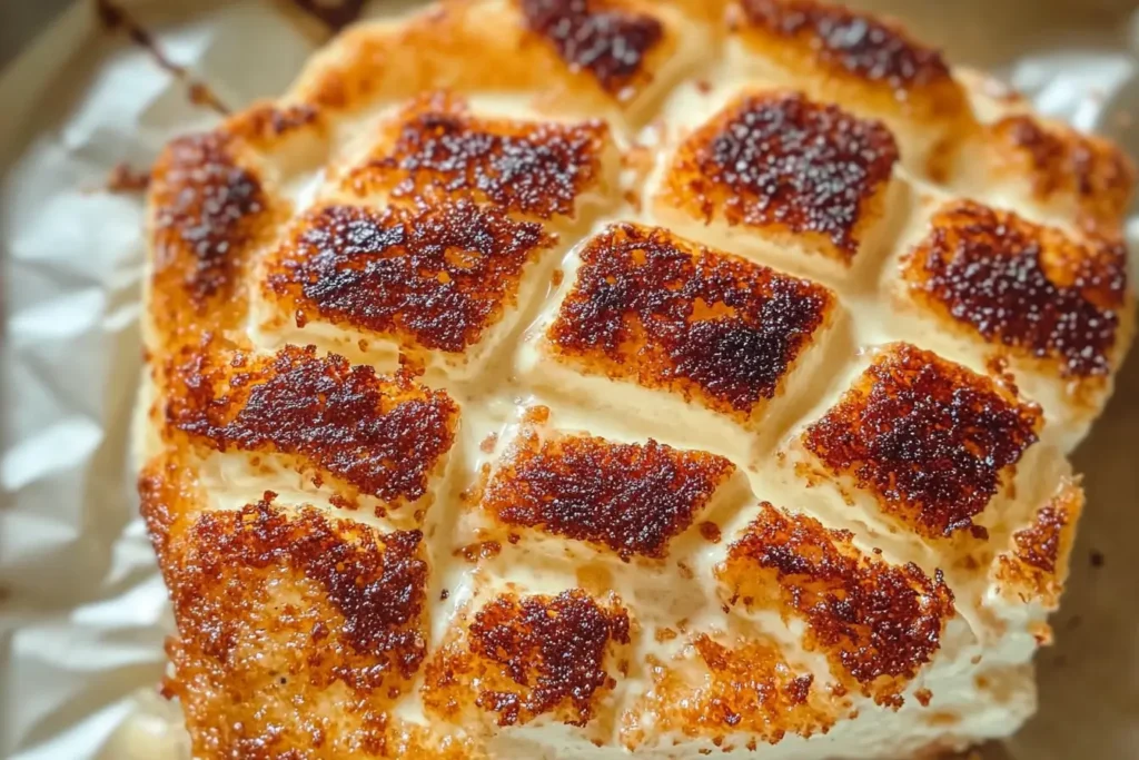 Close-up of smoked cream cheese with a golden-brown crispy surface, scored in a diamond pattern, showcasing its creamy texture and perfectly caramelized crust