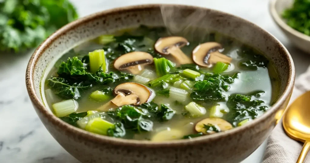 A steaming bowl of swamp soup recipe garnished with fresh herbs, ready to be served, placed on a rustic wooden table with bread on the side