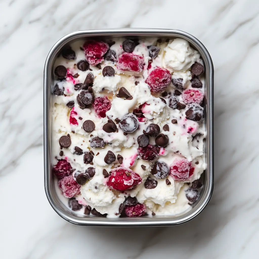 Airtight container filled with creamy cottage cheese ice cream mixture, prepared for freezing.