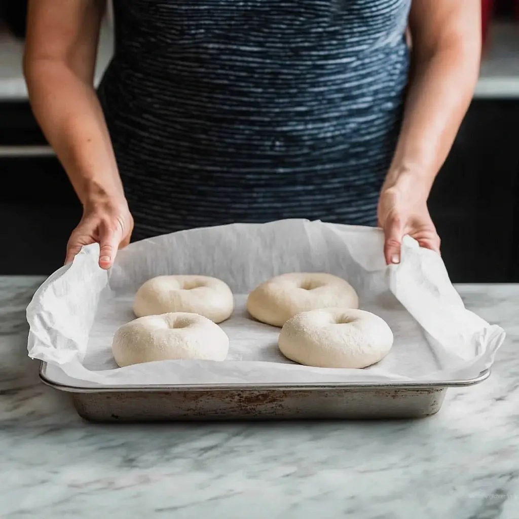 Shaped sourdough bagels resting on a parchment-lined tray, ready for the next step