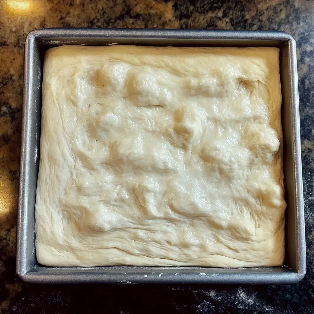 Fully proofed sourdough discard focaccia dough in a square baking tray, smooth and airy, ready for final preparation and baking.