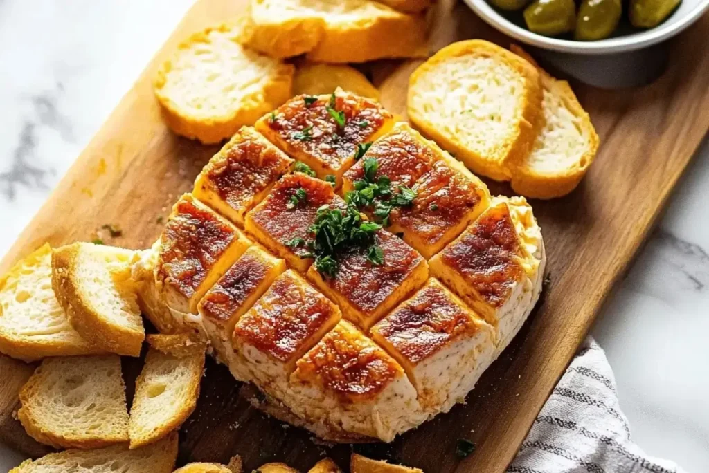 Smoked cream cheese block scored in a diamond pattern, garnished with fresh herbs, served on a wooden board with slices of bread and olives on the side