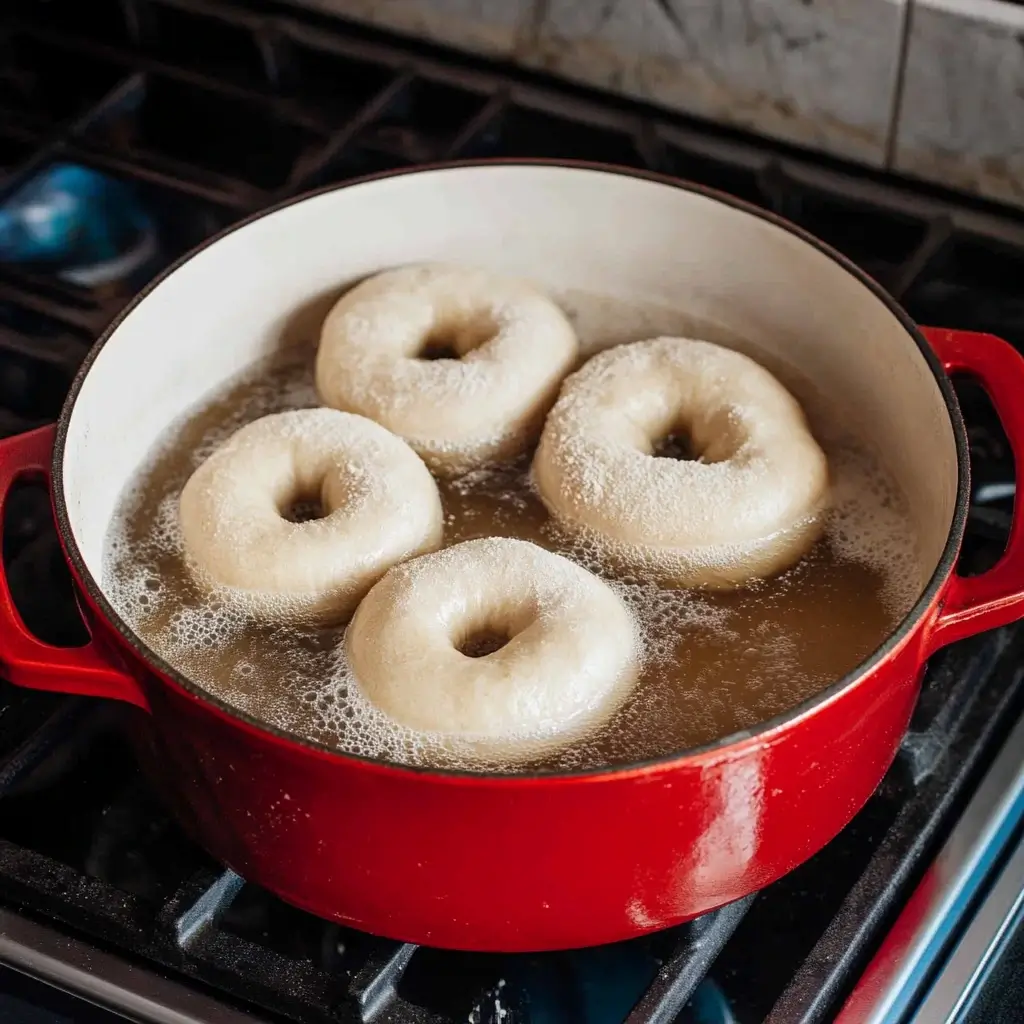 Sourdough bagels boiling in a red pot to achieve a glossy crust and chewy texture.