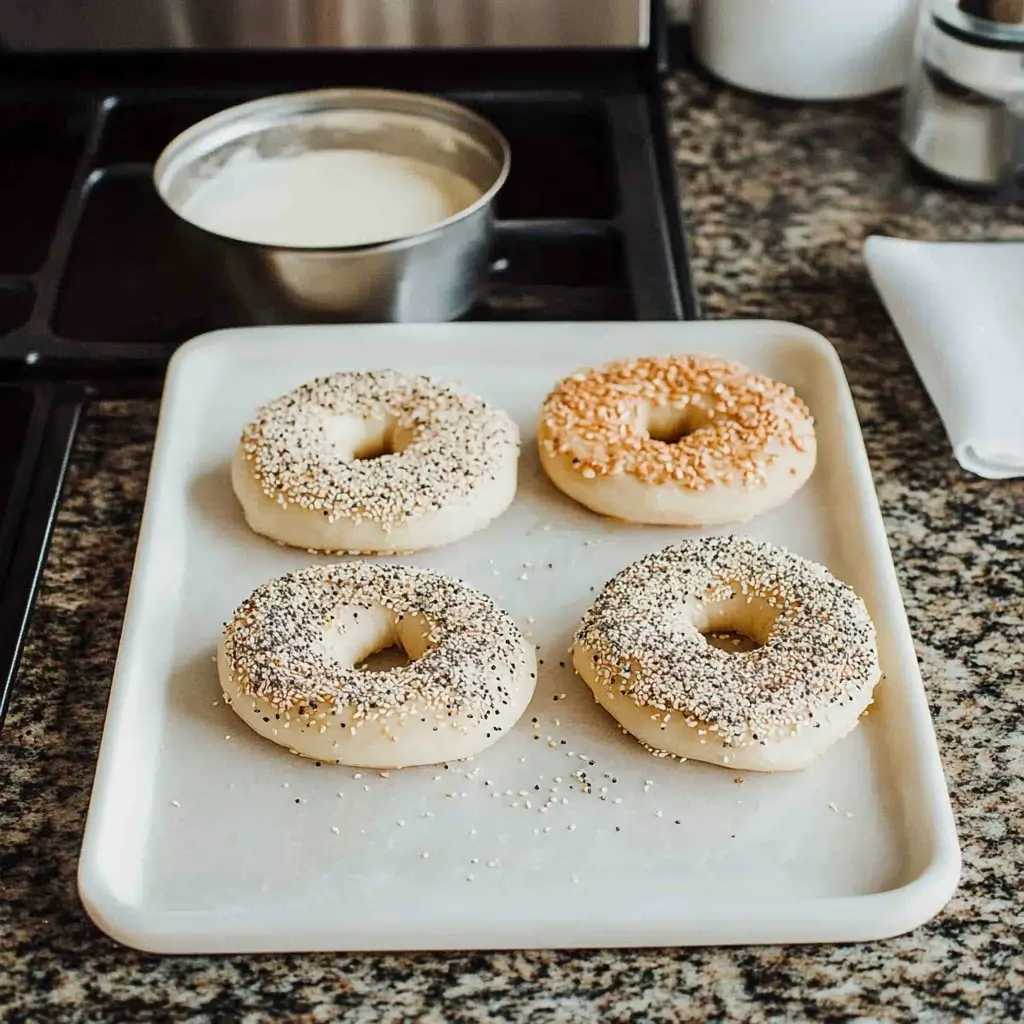 Shaped sourdough bagels sprinkled with sesame seeds and everything seasoning, ready to be baked