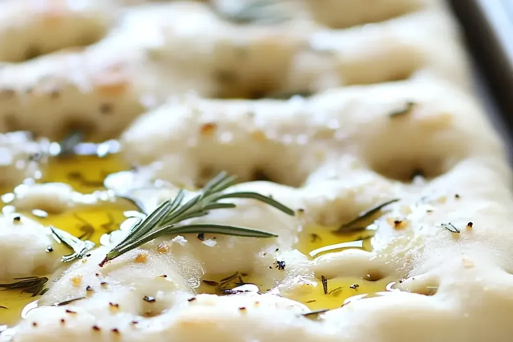 Close-up of focaccia dough on a baking tray, with oiled fingers creating dimples and sprinkled with olive oil, flaky sea salt, and fresh rosemary.
