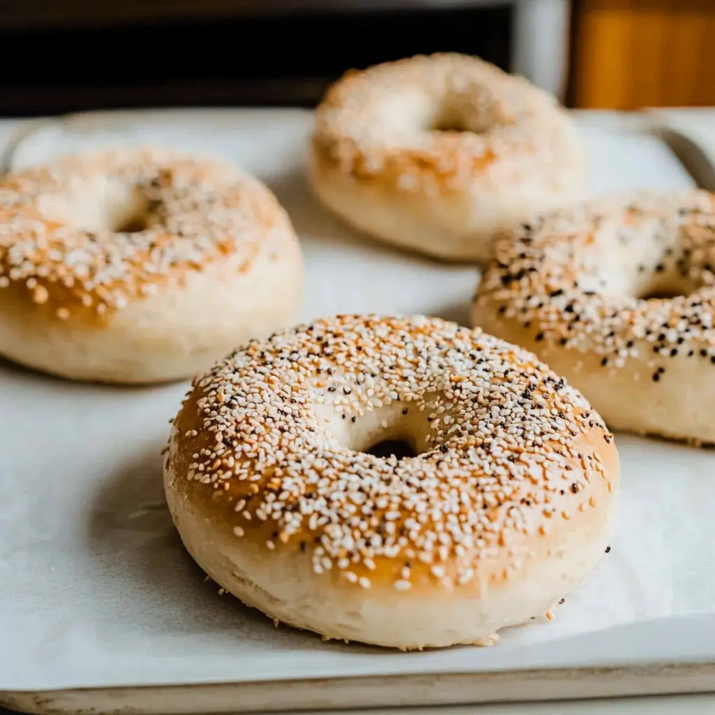 Golden sourdough bagels with sesame seeds and everything seasoning, baked on a parchment-lined tray