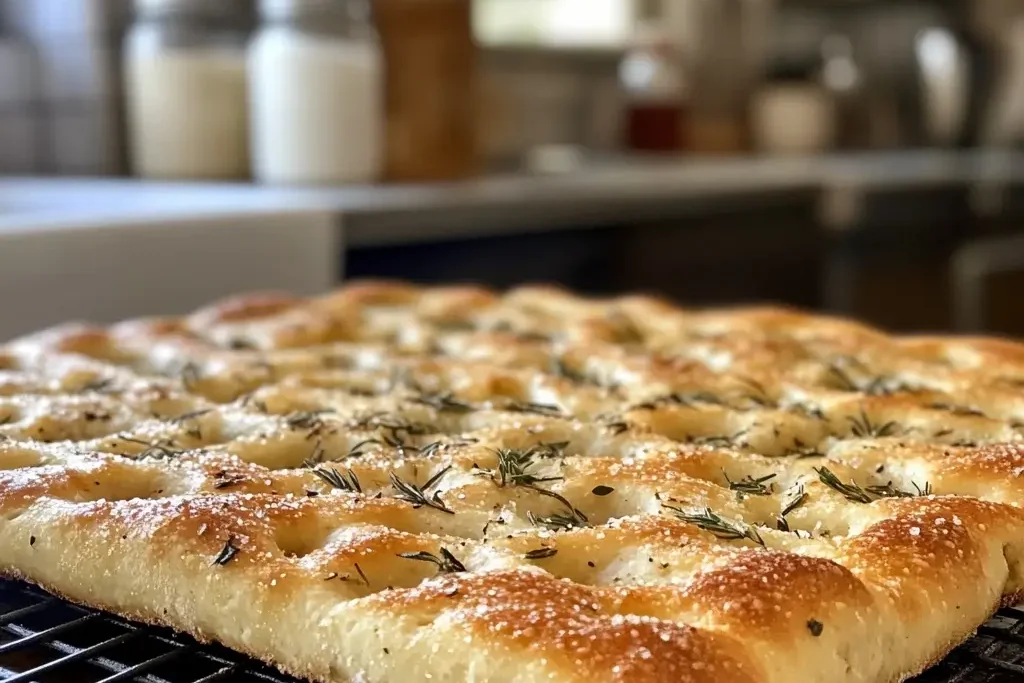 Golden-brown sourdough discard focaccia on a cooling rack, with a crispy crust, flaky sea salt, and rosemary, steaming fresh from the oven.