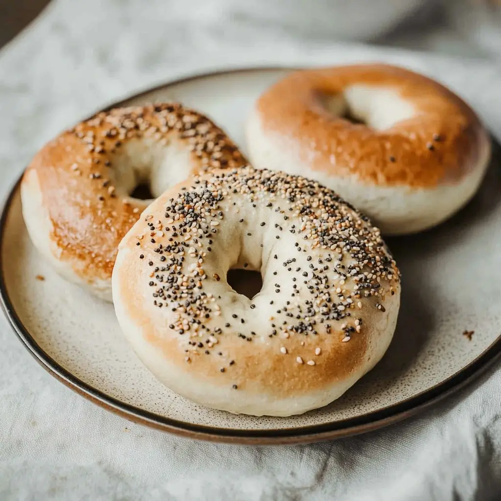 A plate of freshly baked sourdough bagels, topped with everything seasoning and a golden crust, served on a rustic ceramic plate