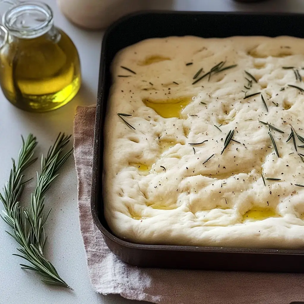 Unbaked sourdough focaccia dough in a baking pan, topped with olive oil, fresh rosemary, and black pepper, ready for baking