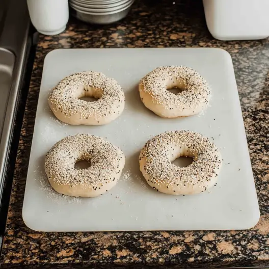 Sourdough discard bagels baking on a tray with golden crusts and various toppings in an oven.