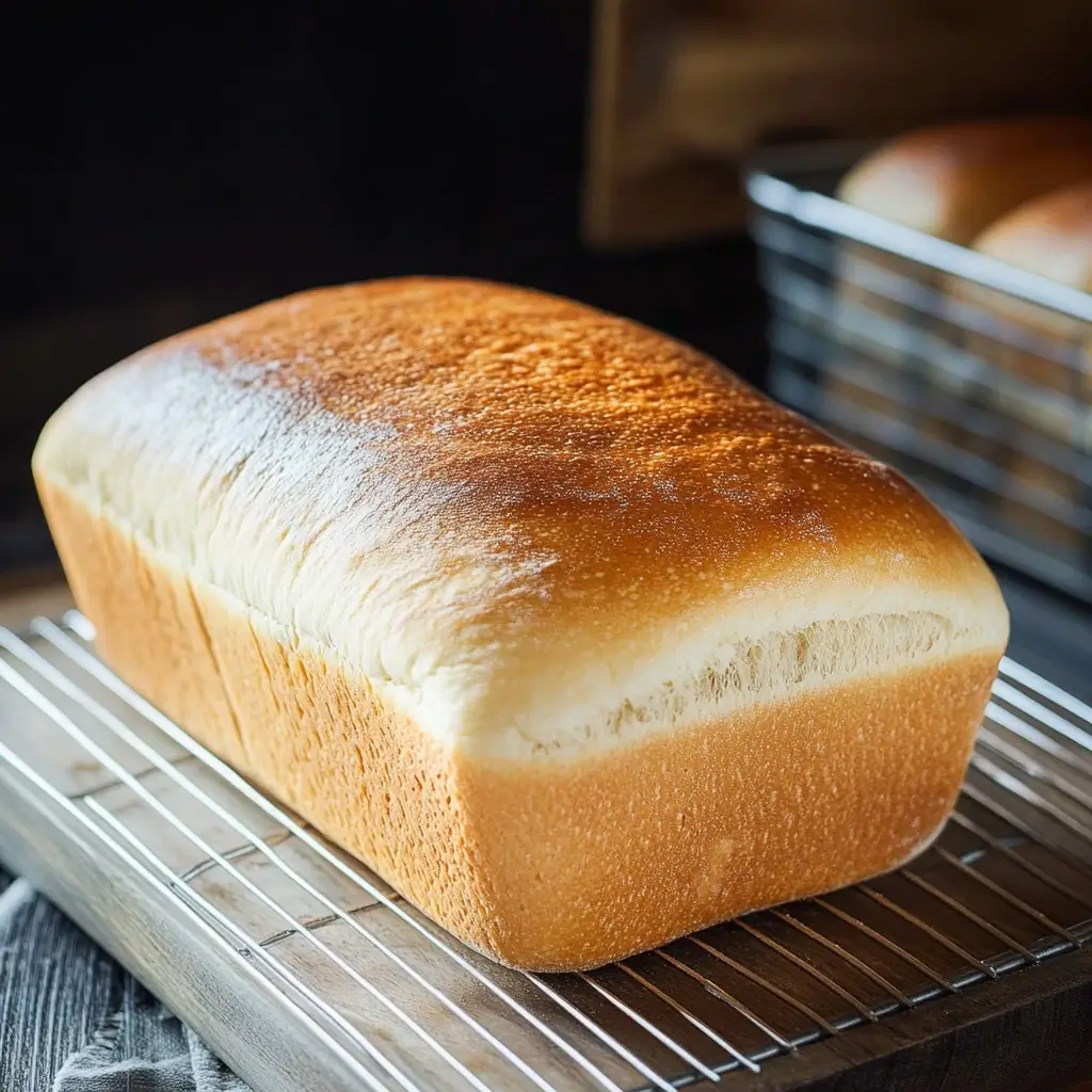 Golden-brown sourdough sandwich bread in a pan, freshly baked in the oven at 375°F