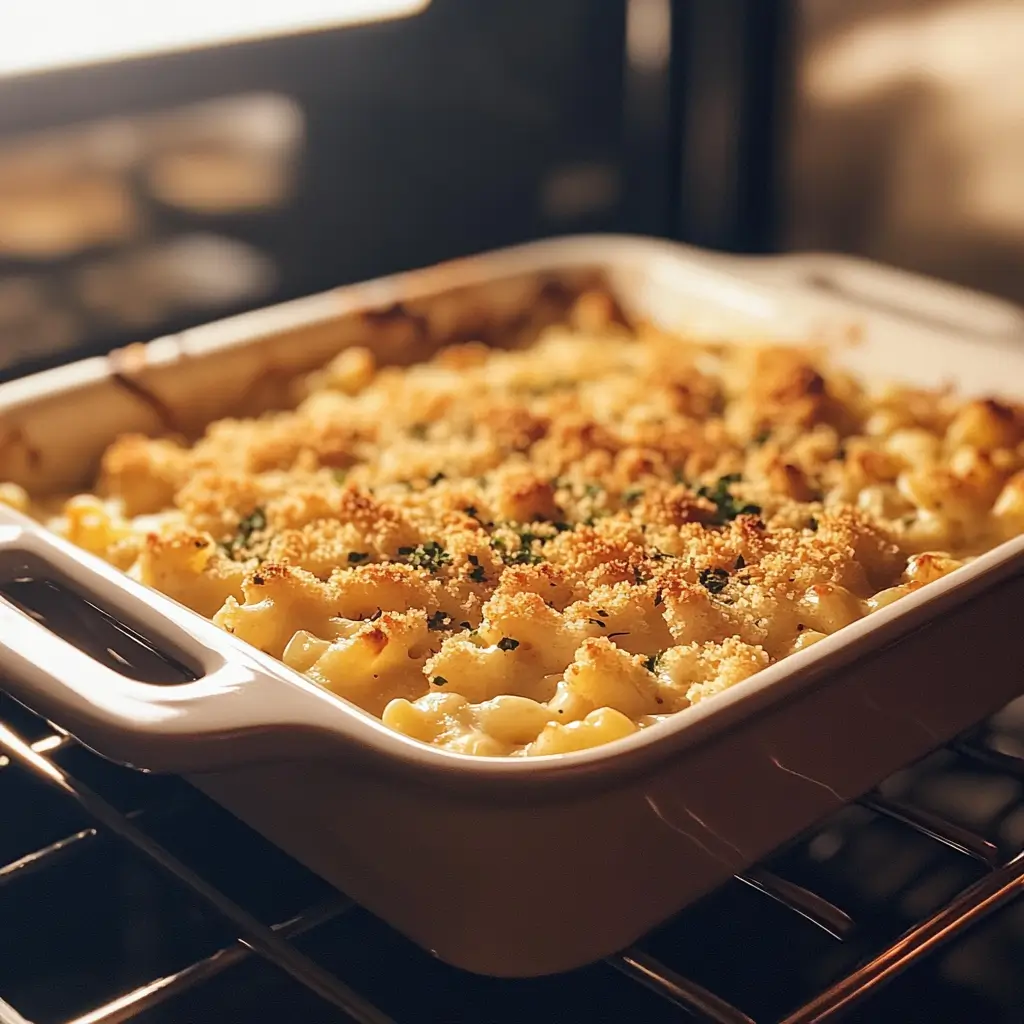 Image of a casserole dish with mac and cheese topped with breadcrumbs being baked in the oven.